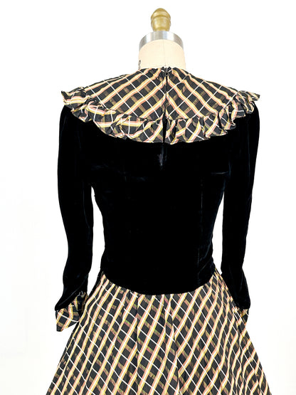 1940s Black Velvet and Plaid Taffeta Gown / Waist 24