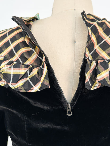 1940s Black Velvet and Plaid Taffeta Gown / Waist 24