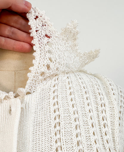 1990s White Cottage-Core Knitted Cardigan / Medium - Large