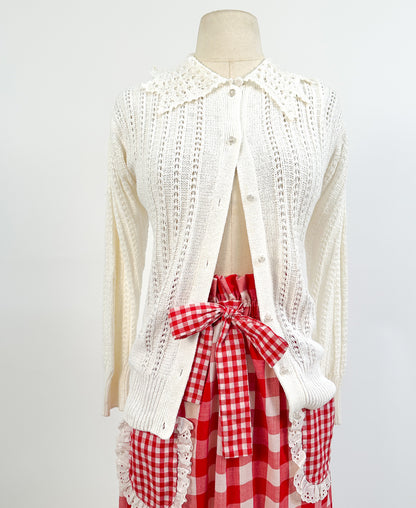 1990s White Cottage-Core Knitted Cardigan / Medium - Large