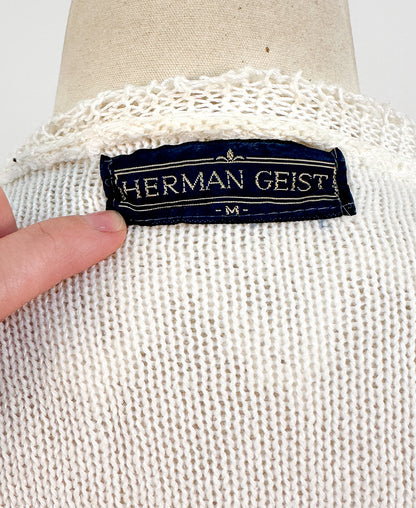 1990s White Cottage-Core Knitted Cardigan / Medium - Large