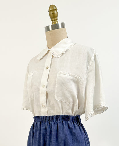 1990s White Linen Button up with Ruffles / Bust