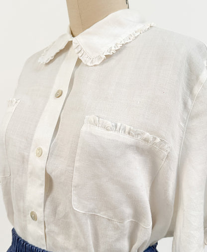 1990s White Linen Button up with Ruffles / Bust
