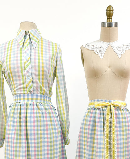 1960s Pastel Gingham Skirt with Ribbon / Waist 26