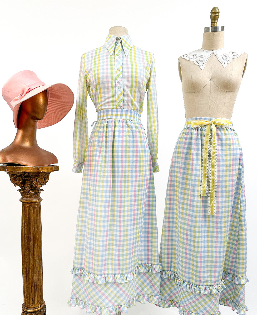 1960s Pastel Gingham Skirt Long / Small