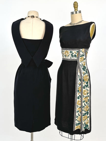 1960s Summery Black Linen Wiggle Dress with Elegant Yellow Rose Print Sash / Waist 24