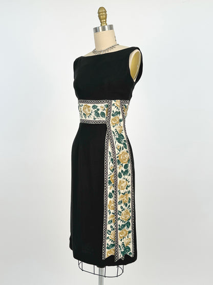 1960s Summery Black Linen Wiggle Dress with Elegant Yellow Rose Print Sash / Waist 24