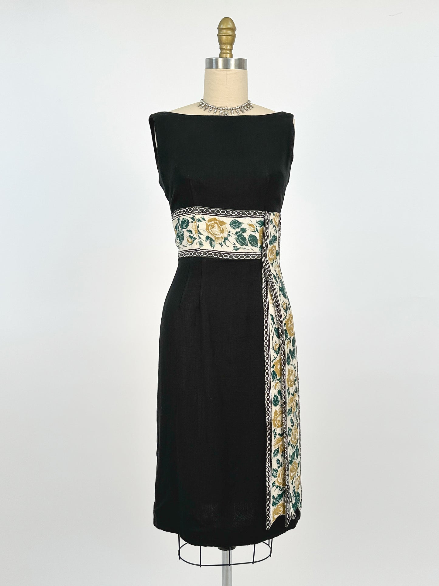 1960s Summery Black Linen Wiggle Dress with Elegant Yellow Rose Print Sash / Waist 24