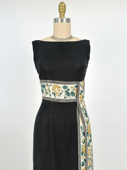 1960s Summery Black Linen Wiggle Dress with Elegant Yellow Rose Print Sash / Waist 24