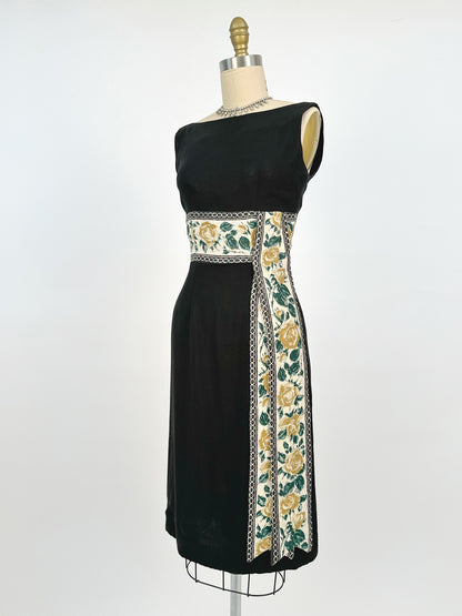 1960s Summery Black Linen Wiggle Dress with Elegant Yellow Rose Print Sash / Waist 24