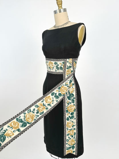 1960s Summery Black Linen Wiggle Dress with Elegant Yellow Rose Print Sash / Waist 24