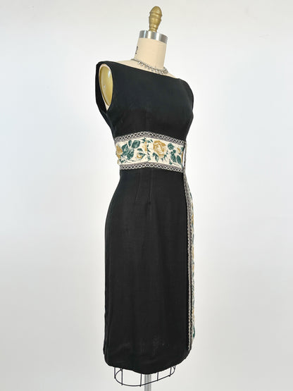 1960s Summery Black Linen Wiggle Dress with Elegant Yellow Rose Print Sash / Waist 24