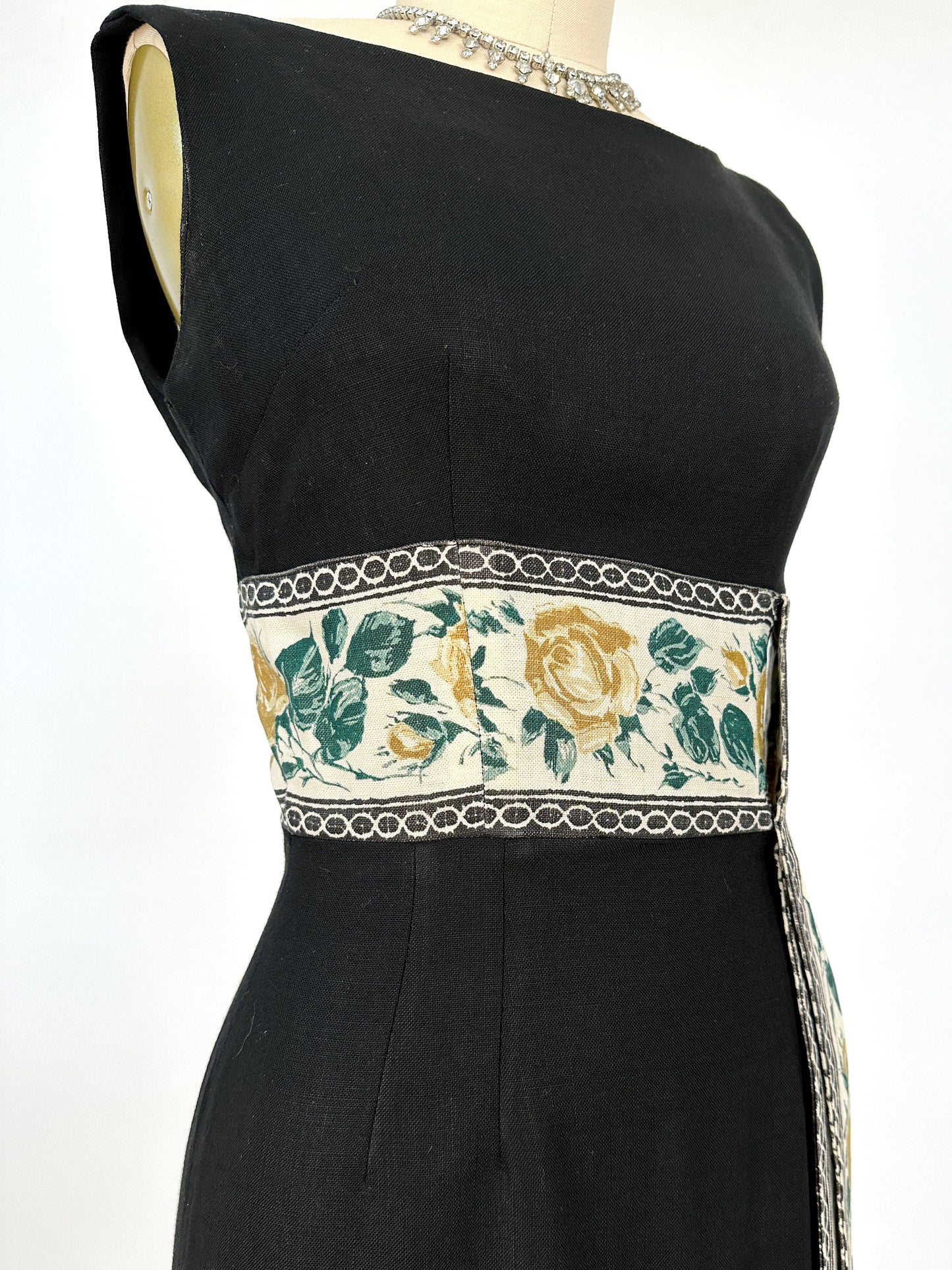 1960s Summery Black Linen Wiggle Dress with Elegant Yellow Rose Print Sash / Waist 24