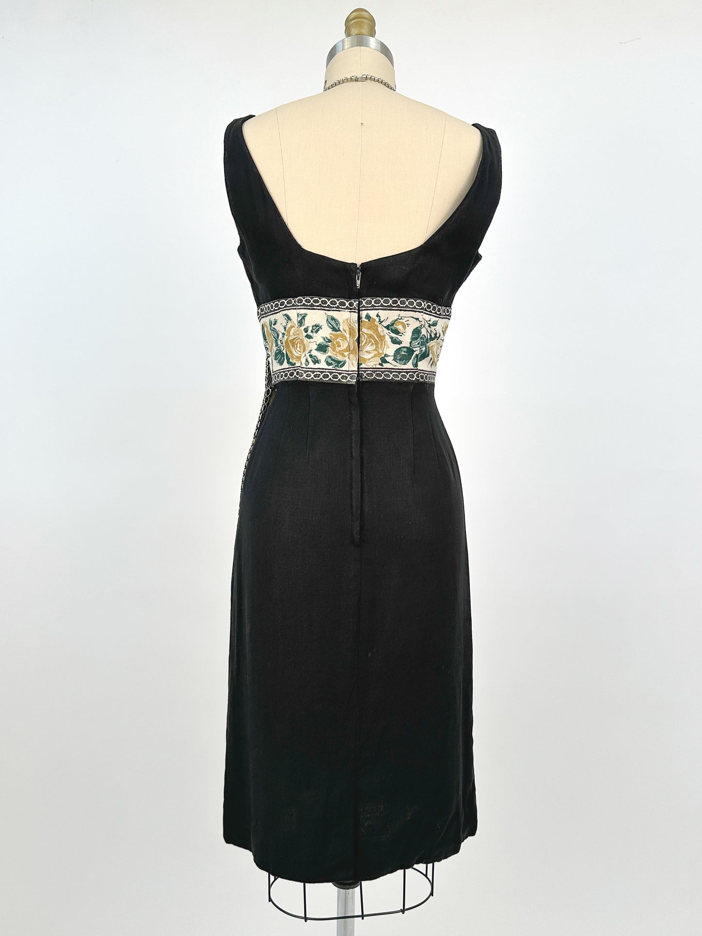 1960s Summery Black Linen Wiggle Dress with Elegant Yellow Rose Print Sash / Waist 24