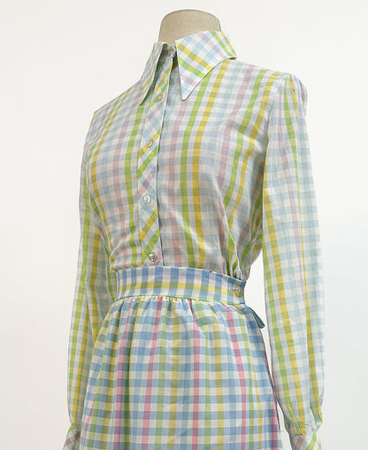 1960s Pastel Gingham Button up Shirt / Medium
