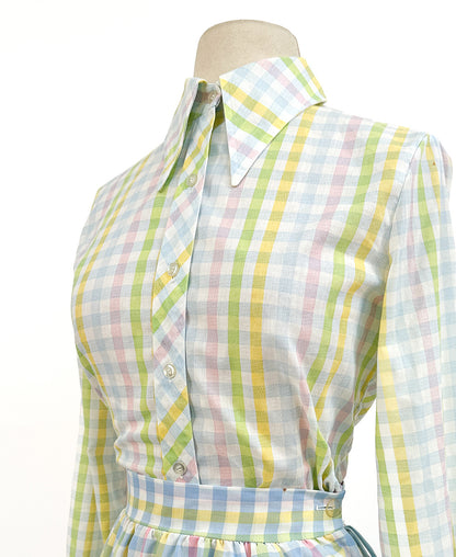 1960s Pastel Gingham Button up Shirt / Medium