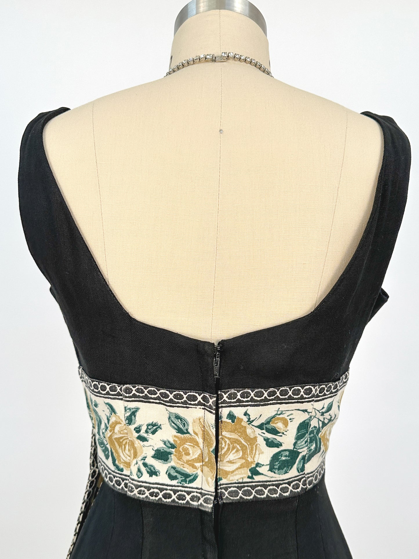 1960s Summery Black Linen Wiggle Dress with Elegant Yellow Rose Print Sash / Waist 24