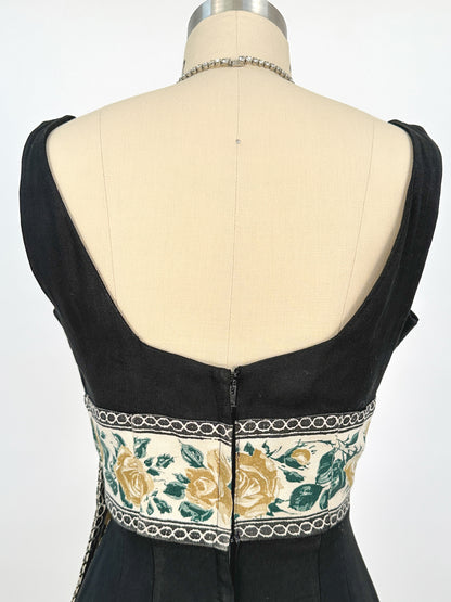 1960s Summery Black Linen Wiggle Dress with Elegant Yellow Rose Print Sash / Waist 24