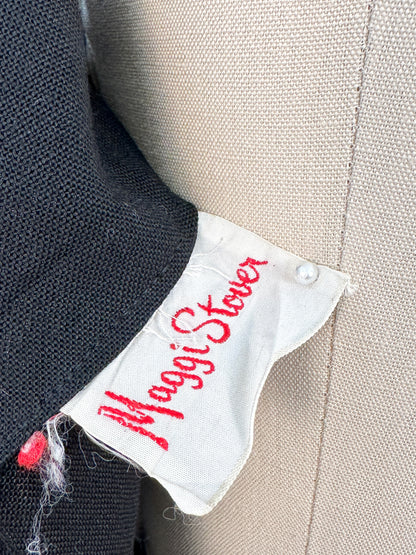 1960s Summery Black Linen Wiggle Dress with Elegant Yellow Rose Print Sash / Waist 24