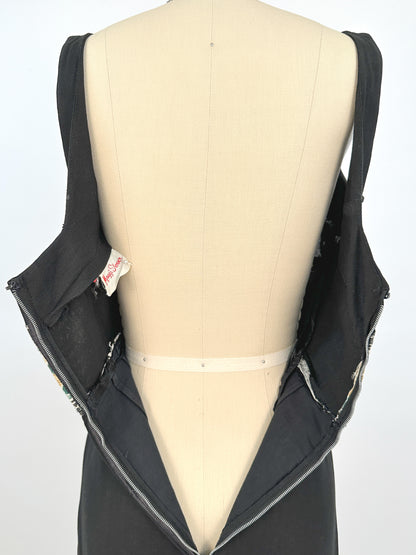 1960s Summery Black Linen Wiggle Dress with Elegant Yellow Rose Print Sash / Waist 24