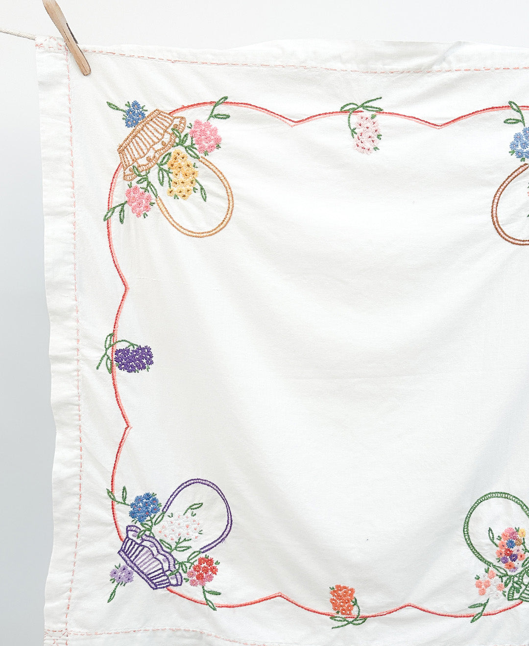 Vintage Hand Embroidered Floral Basket Tablecloth