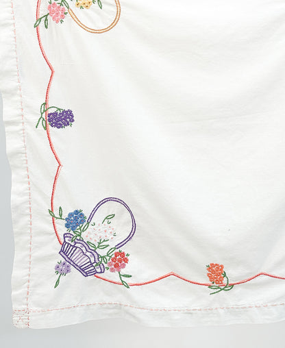 Vintage Hand Embroidered Floral Basket Tablecloth