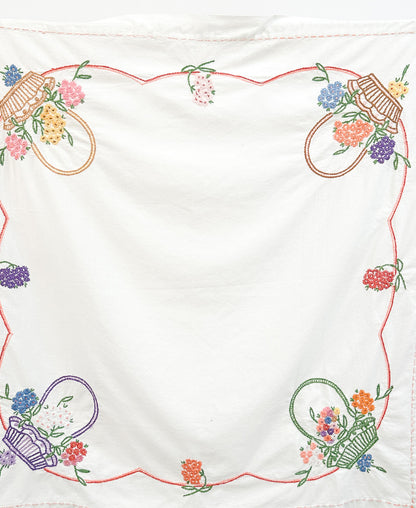 Vintage Hand Embroidered Floral Basket Tablecloth