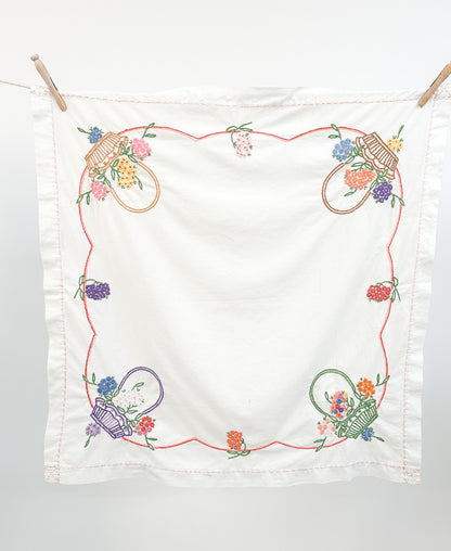 Vintage Hand Embroidered Floral Basket Tablecloth