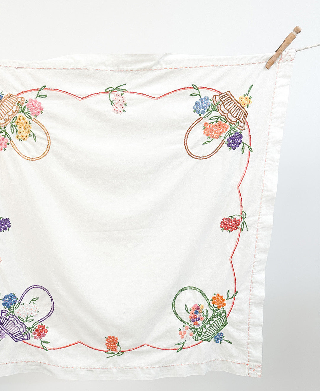 Vintage Hand Embroidered Floral Basket Tablecloth