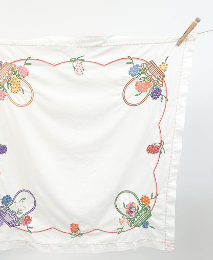 Vintage Hand Embroidered Floral Basket Tablecloth
