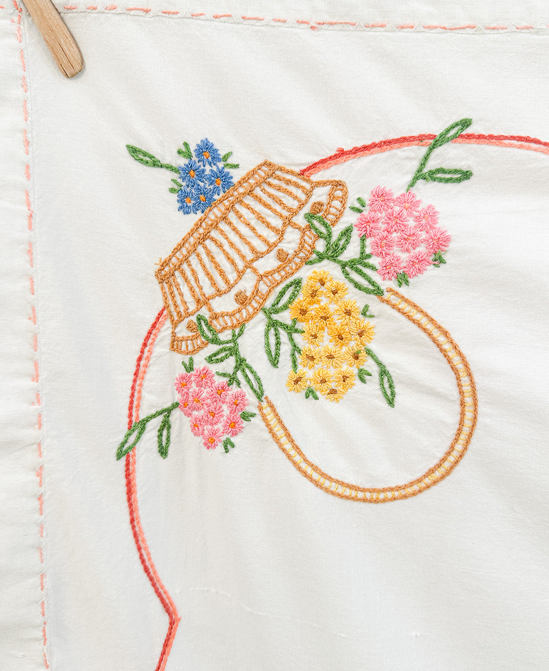 Vintage Hand Embroidered Floral Basket Tablecloth