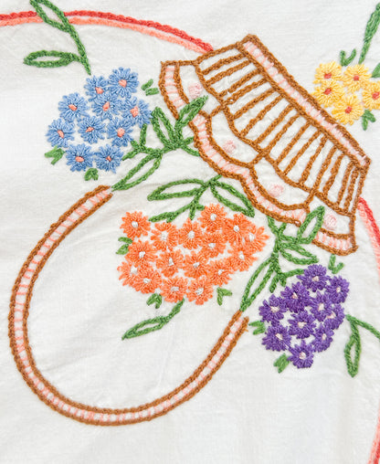 Vintage Hand Embroidered Floral Basket Tablecloth