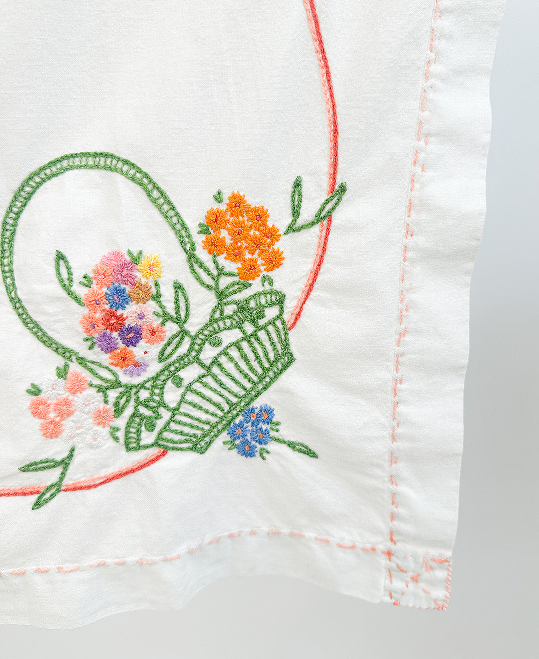 Vintage Hand Embroidered Floral Basket Tablecloth