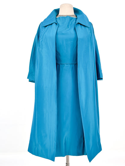 1950s Deep Aqua Satin Dress with Matching Swing Coat / Waist 30