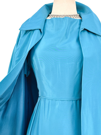 1950s Deep Aqua Satin Dress with Matching Swing Coat / Waist 30