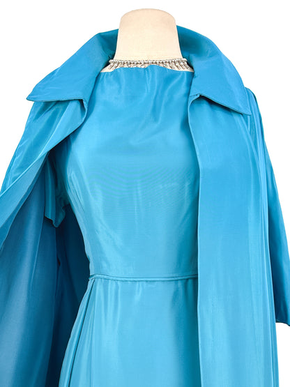 1950s Deep Aqua Satin Dress with Matching Swing Coat / Waist 30
