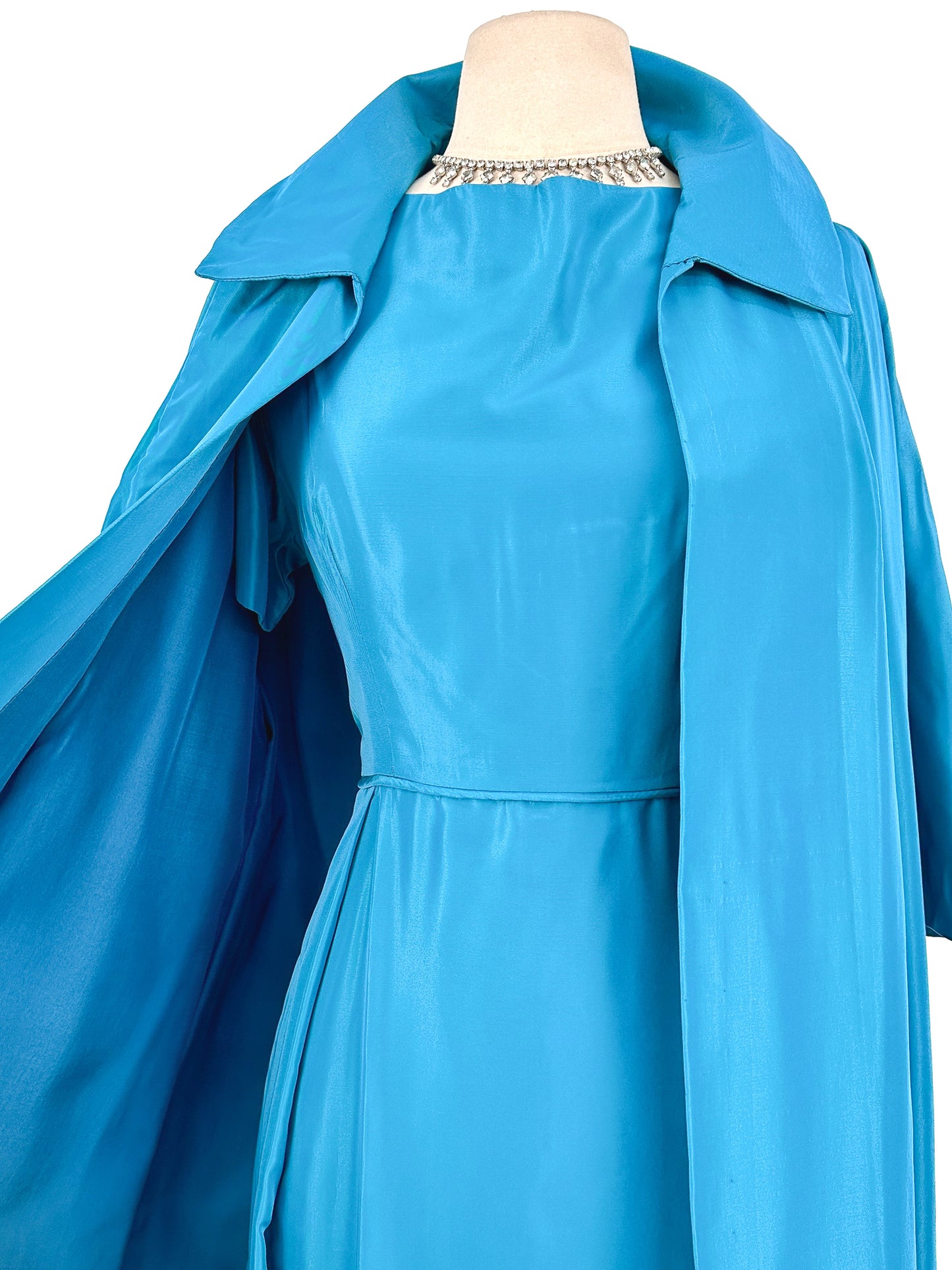 1950s Deep Aqua Satin Dress with Matching Swing Coat / Waist 30
