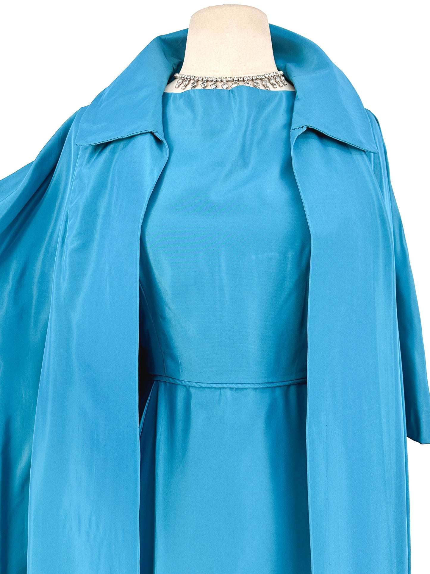 1950s Deep Aqua Satin Dress with Matching Swing Coat / Waist 30