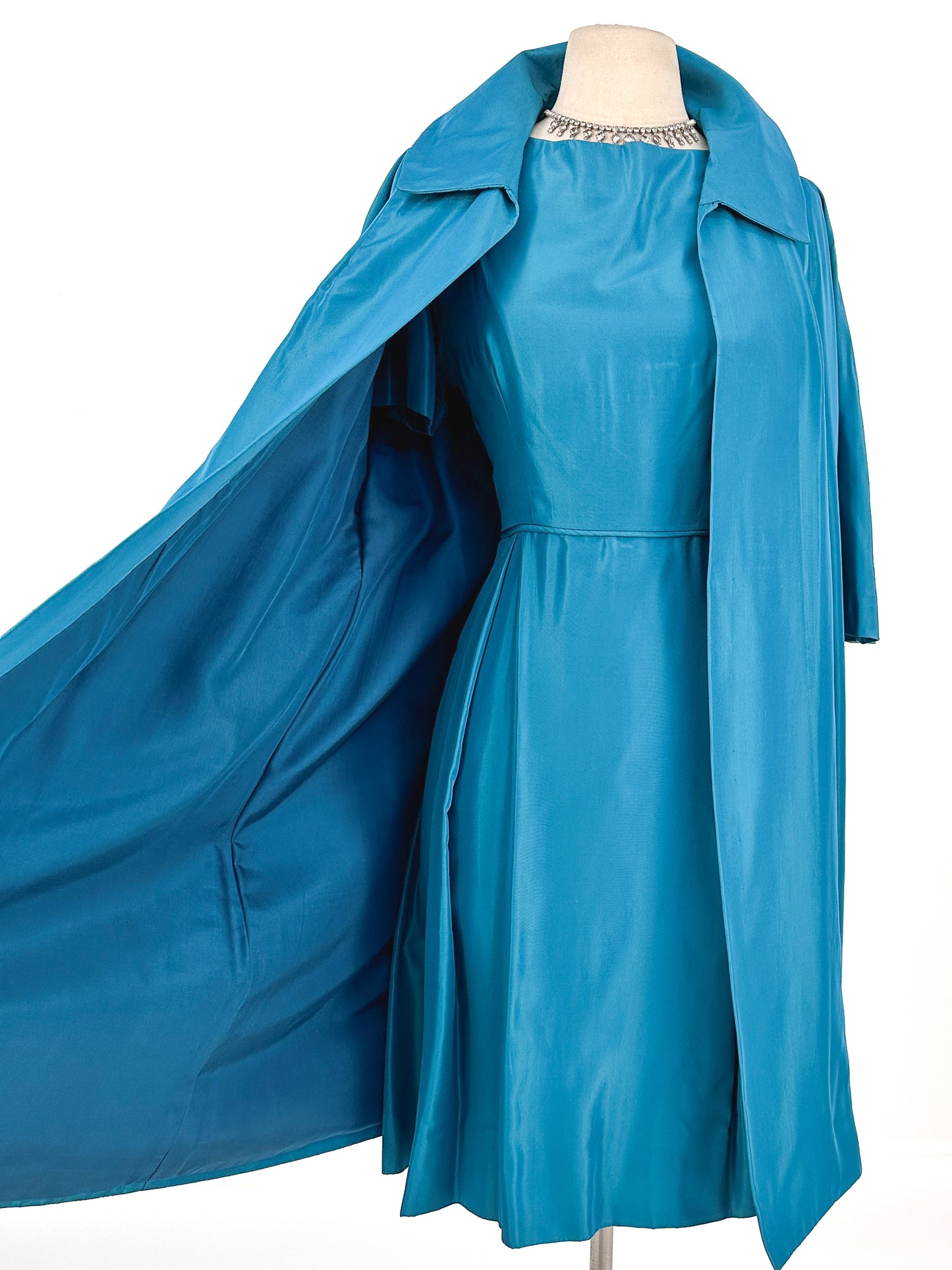 1950s Deep Aqua Satin Dress with Matching Swing Coat / Waist 30