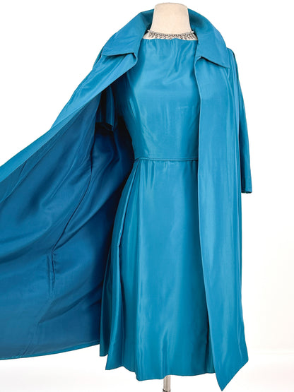 1950s Deep Aqua Satin Dress with Matching Swing Coat / Waist 30