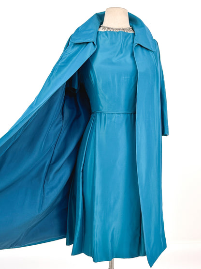 1950s Deep Aqua Satin Dress with Matching Swing Coat / Waist 30