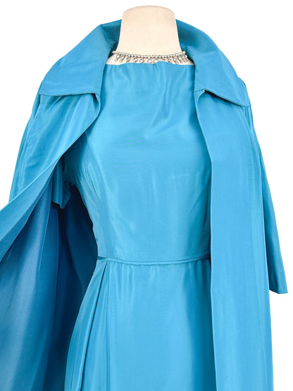 1950s Deep Aqua Satin Dress with Matching Swing Coat / Waist 30