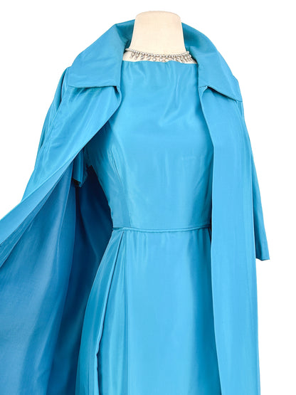 1950s Deep Aqua Satin Dress with Matching Swing Coat / Waist 30