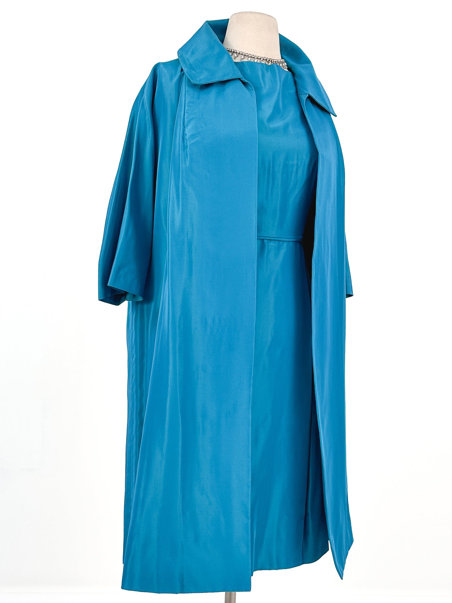 1950s Deep Aqua Satin Dress with Matching Swing Coat / Waist 30