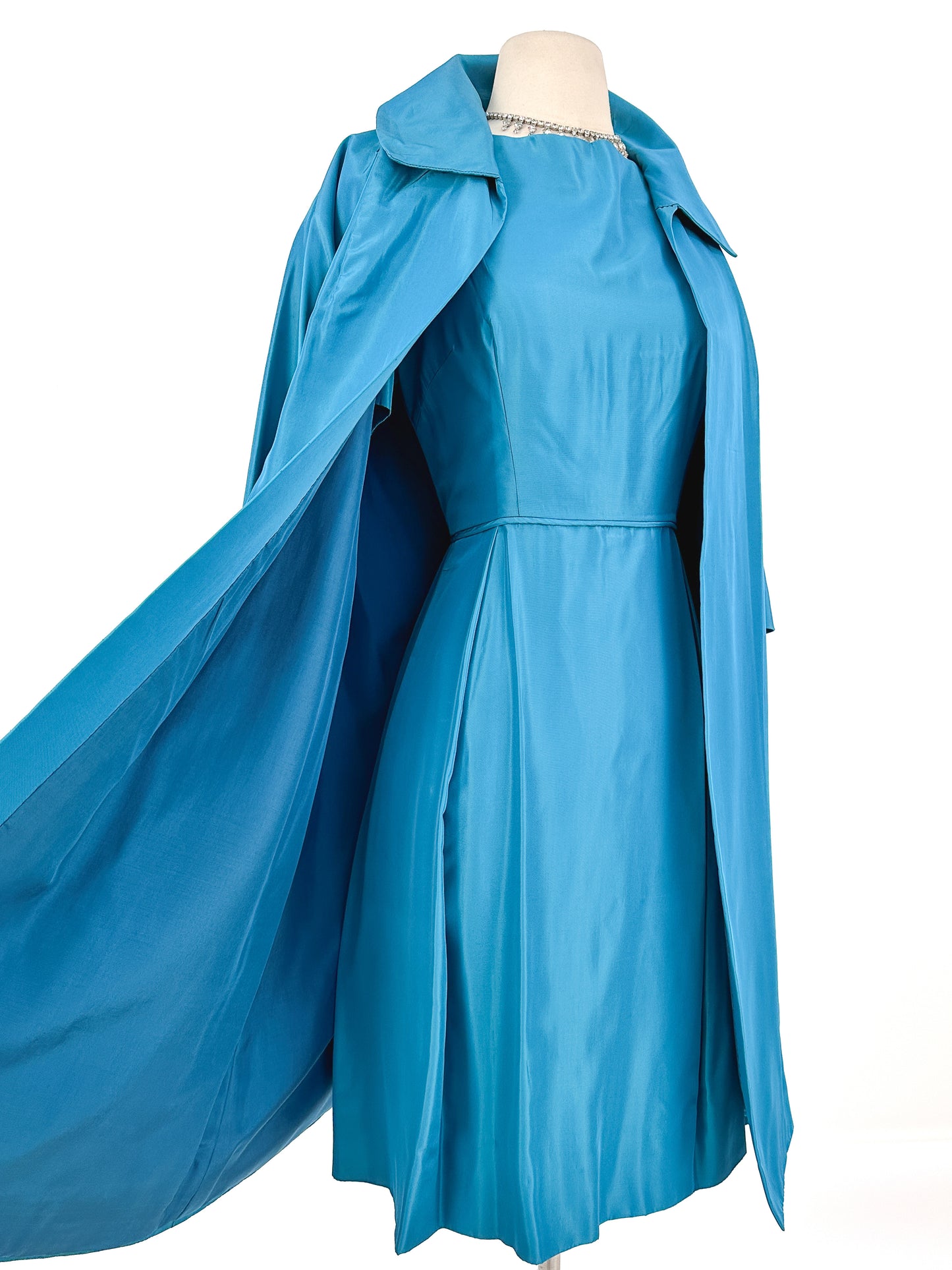 1950s Deep Aqua Satin Dress with Matching Swing Coat / Waist 30