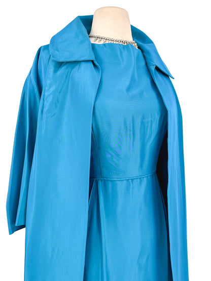 1950s Deep Aqua Satin Dress with Matching Swing Coat / Waist 30