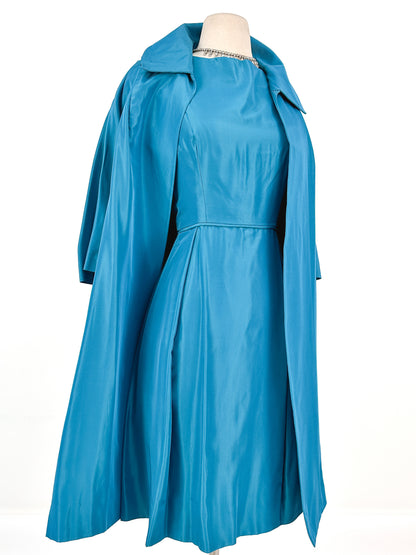 1950s Deep Aqua Satin Dress with Matching Swing Coat / Waist 30