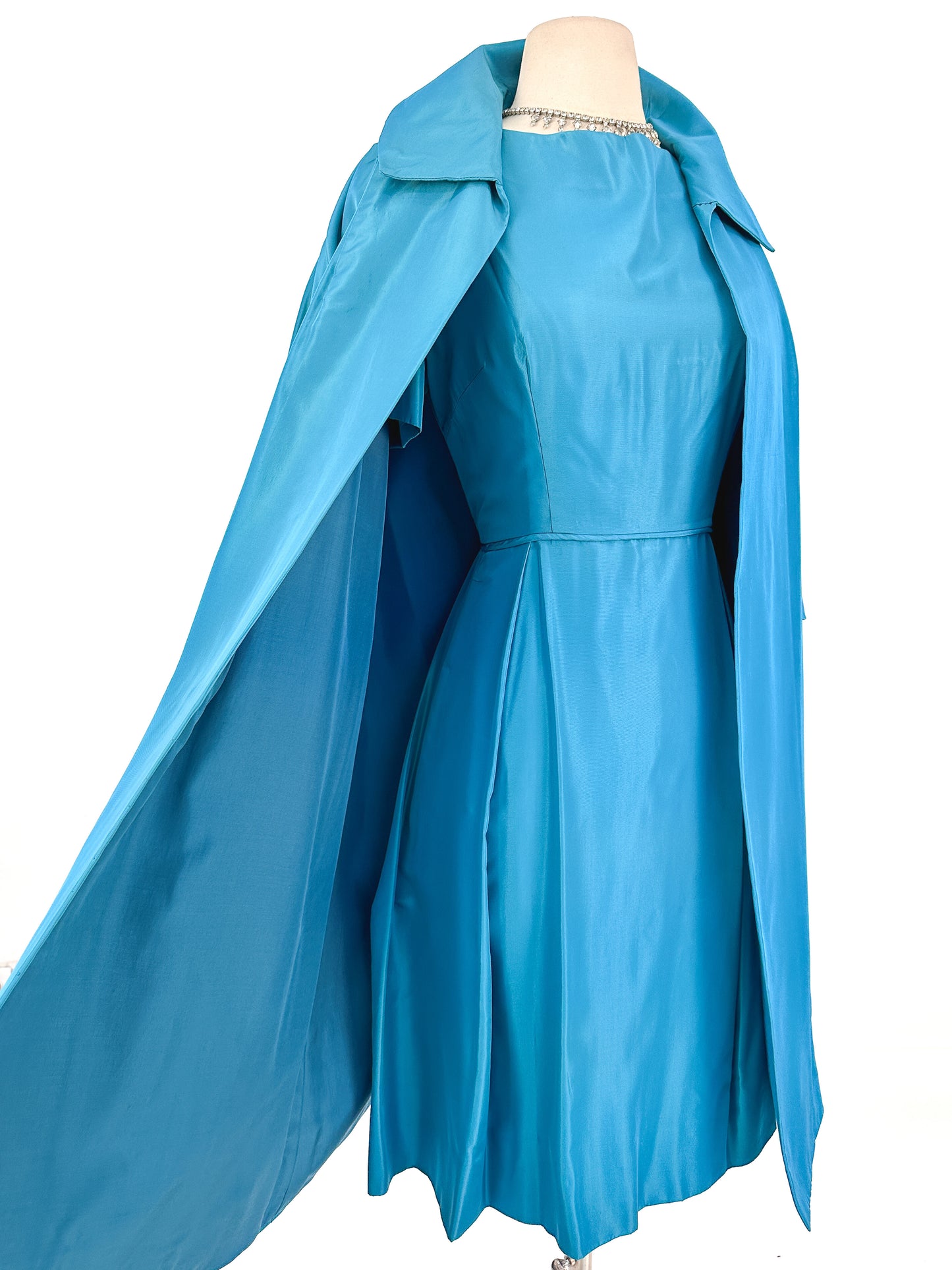1950s Deep Aqua Satin Dress with Matching Swing Coat / Waist 30