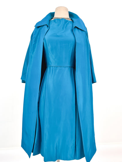 1950s Deep Aqua Satin Dress with Matching Swing Coat / Waist 30