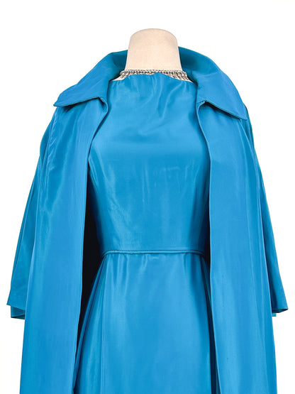 1950s Deep Aqua Satin Dress with Matching Swing Coat / Waist 30